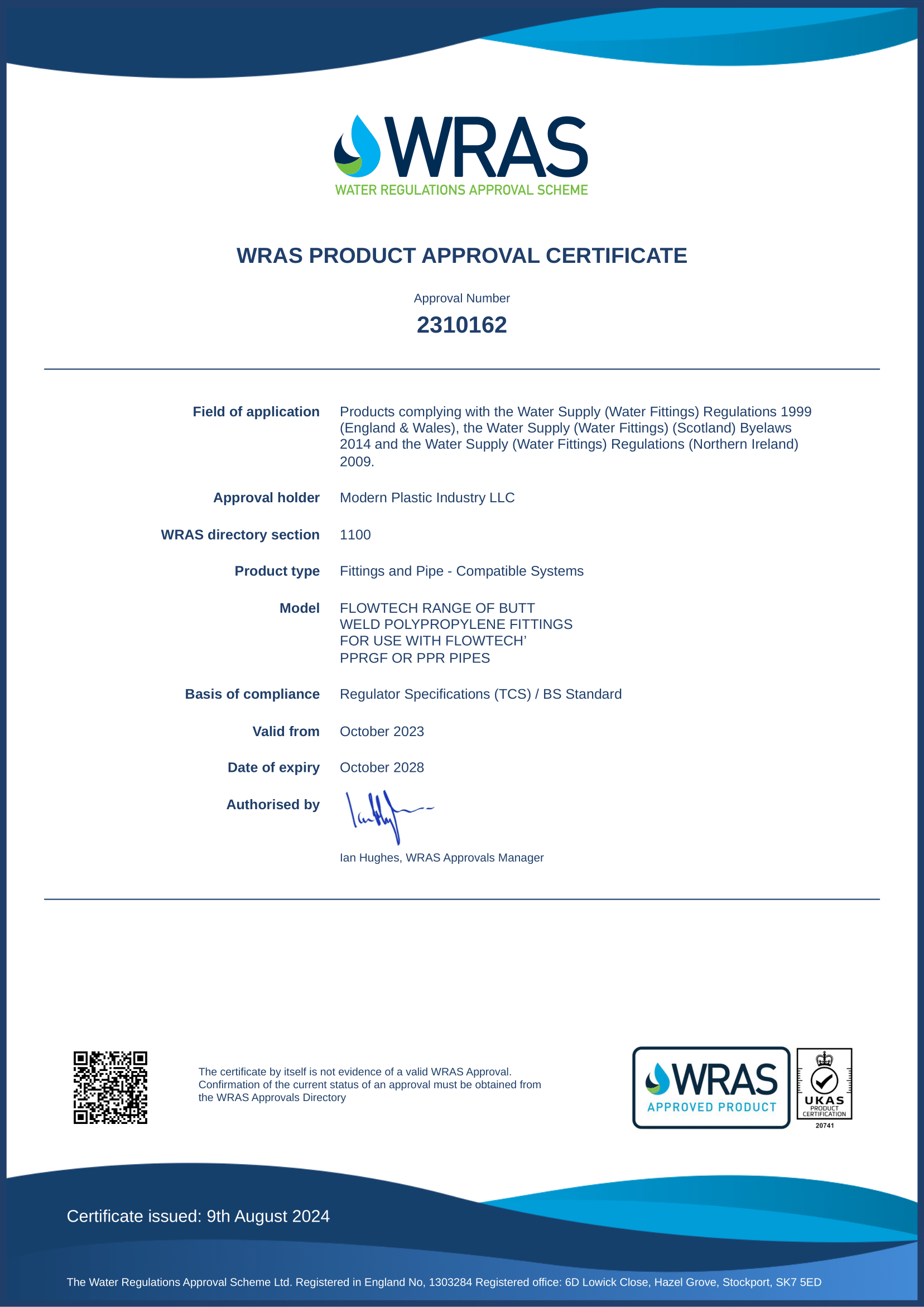 WRAS PRODUCT CERTIFICATE  FLOWTECH PIPE & FITTING APPROVAL NO 2310162